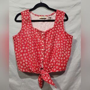 Victoria Harbour Tie Front Top Womens Large Red Floral Vintage Button Up Crop